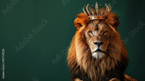 A majestic lion wearing a jeweled crown, looking powerful.