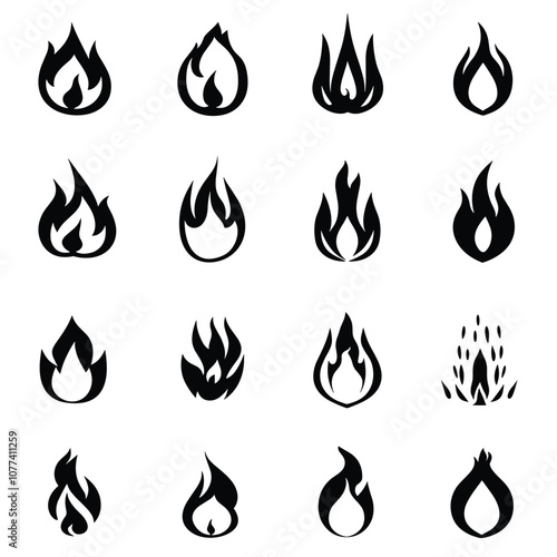A collection of sixteen unique black flame icons on a white background, each with distinct shapes and styles, representing fire in a minimalist design.