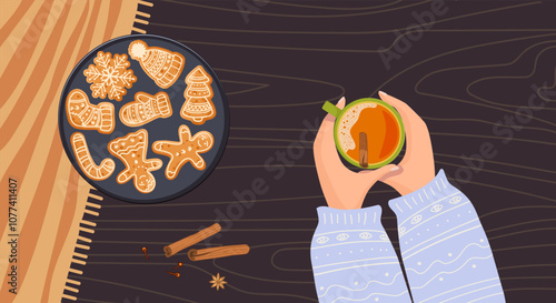 Cozy Evening. Person Hands holding hot spicy drink. Wooden table with cookies and spicy aromatic holiday seasonal beverage. Flat lay, top view illustration for mood poster, postcard, flyer template