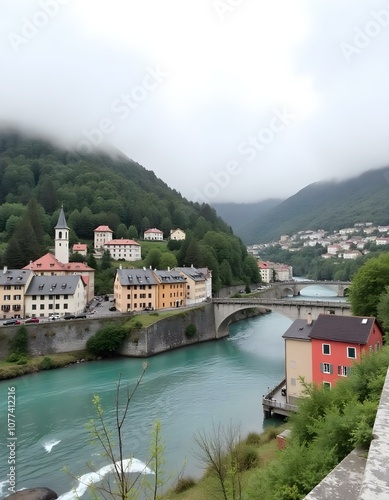 A picturesque town nestled in a mountainous, foggy landscape with a turquoise river flowing through it. The town features colorful buildings, bridges, and a church steeple. The scene has a serene, his photo