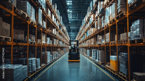 Forklift Moving Through a Large Warehouse with Rows of Pallets and Boxes