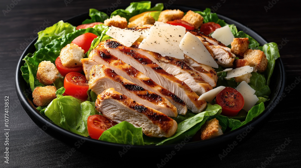 Grilled chicken breast slices on a fresh Caesar salad with romaine lettuce, cherry tomatoes, parmesan cheese, and croutons in a black bowl