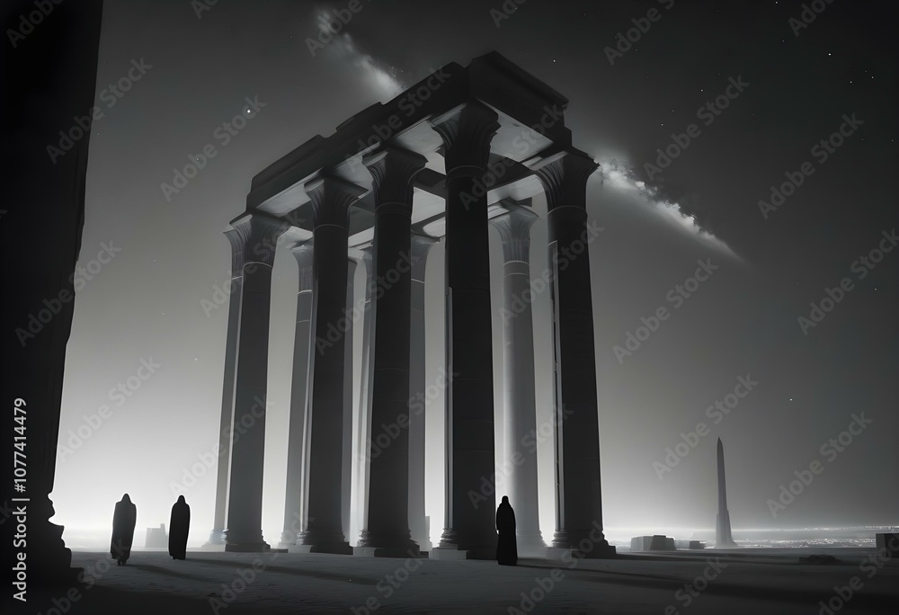 Naklejka premium Egyptian architecture features impossible tall and slender columns touching the night sky full of stars and galaxies, people wearing cloaks walk around in awe, as if in an alien city from another pl