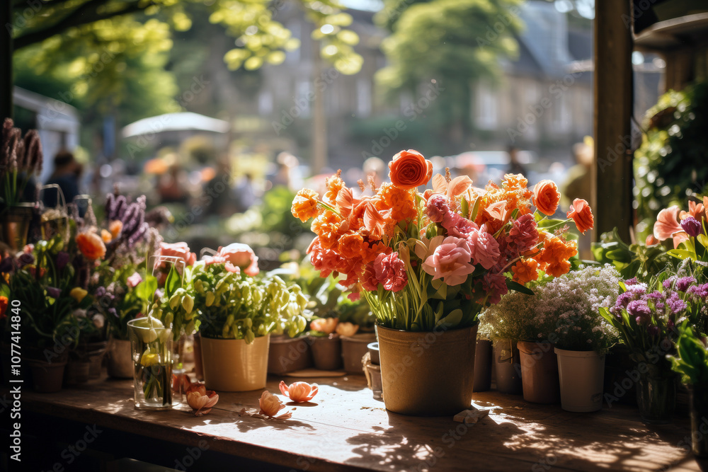 Bright Flower Market Stall with Bouquets in Spring Sunlight Bright Flower Market Stall with Bouquets in Spring Sunlight