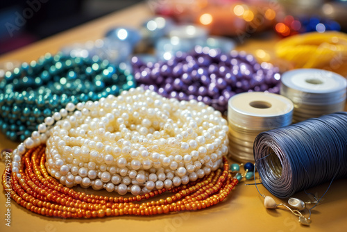 Beading tools and colorful beads laid out on a crafting mat, hands threading beads