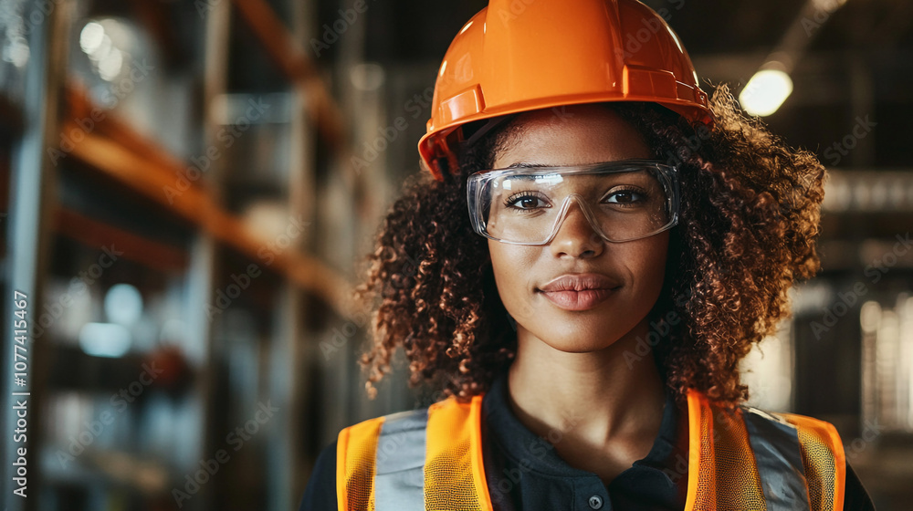 Confident Female Construction Worker in Hard Hat and Safety Glasses Confident Female Construction Worker in Hard Hat and Safety Glasses