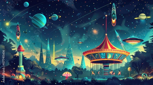 Fototapeta Naklejka Na Ścianę i Meble -  Illustration of kids riding on a space carousel through a cosmic amusement park, with gravity-defying rides and alien attractions in vector style