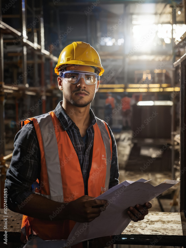 Young male engineering student wearing a hard hat and safety goggles, holding blueprints in a construction site, with sunlight streaming in. Generative AI Young male engineering student wearing a hard hat and safety goggles, holding blueprints in a construction site, with sunlight streaming in. Generative AI
