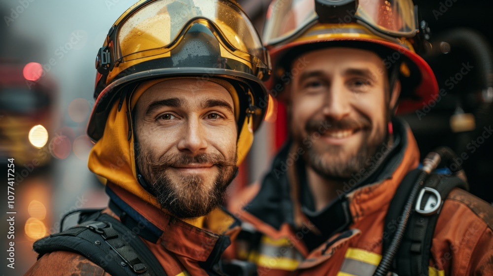 Obraz premium Two smiling firefighters in full gear.
