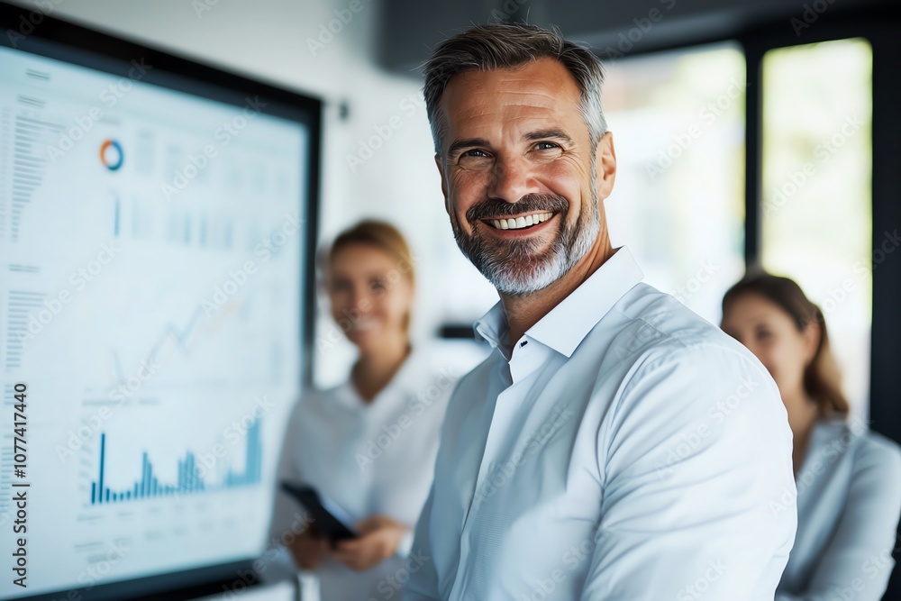 Naklejka premium Confident professional smiling during a business presentation with charts on screen