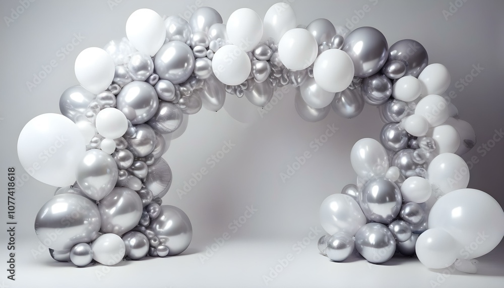 Balloon arche on white background, silver and white balloons. AI generated Balloon arche on white background, silver and white balloons. AI generated