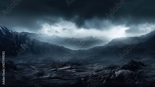 Eerie valley scene with full moon and silhouetted mountains. photo