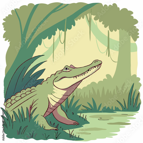 A large crocodile with a toothy grin peers out from a swampy jungle. The lush green foliage provides a vibrant backdrop for this captivating creature.