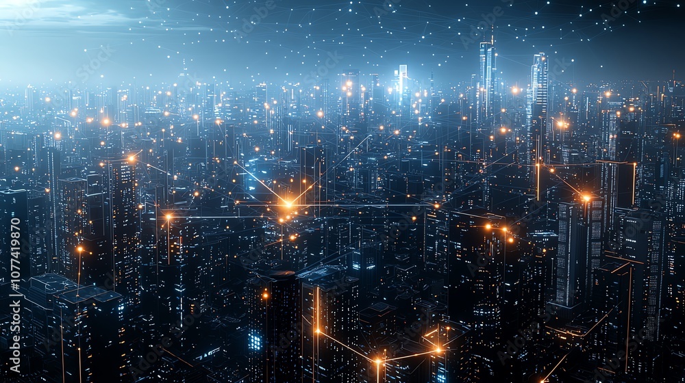 Obraz premium Futuristic cityscape showcasing a digital network overlay glowing over skyscrapers at night, illustrating the concept of a connected smart city and modern urban technology.