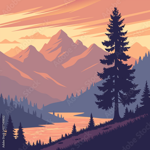 A serene landscape illustration of a mountain range with a winding river flowing through a valley. The sunset sky casts warm hues on the peaks, creating a sense of peace and tranquility.