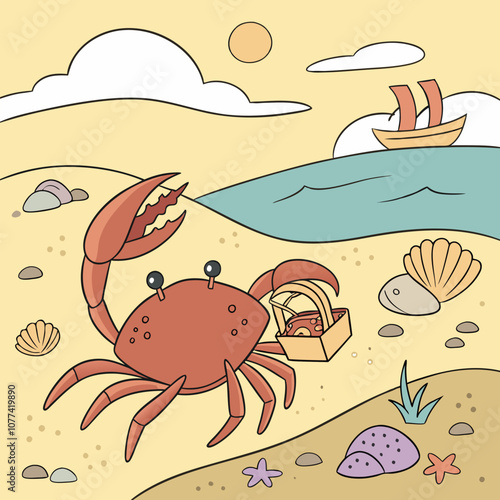 A cheerful cartoon crab scurries across the sandy beach, carrying a picnic basket.  The sun shines brightly above, and a boat sails on the blue waves. Perfect for children's books, summer designs. photo