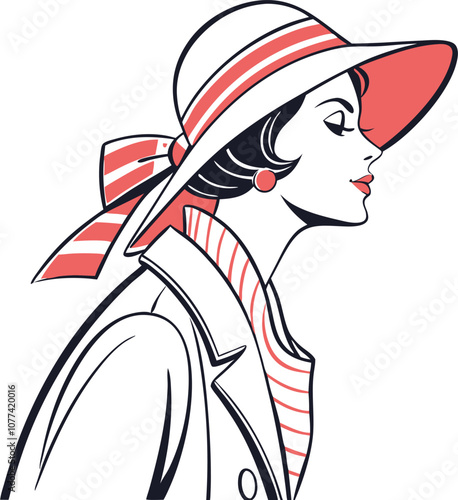 A stylish woman in a hat and coat, with a retro flair, perfect for vintage illustrations, fashion designs, or adding a touch of elegance to your projects.