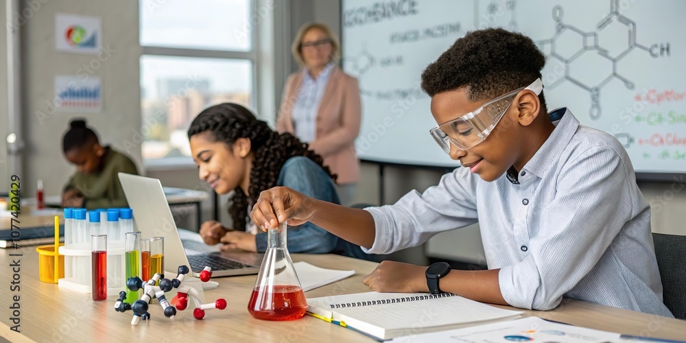 Engagierte Schüler im Chemieunterricht experimentieren mit Reagenzgläsern und Erlenmeyerkolben. Engagierte Schüler im Chemieunterricht experimentieren mit Reagenzgläsern und Erlenmeyerkolben.