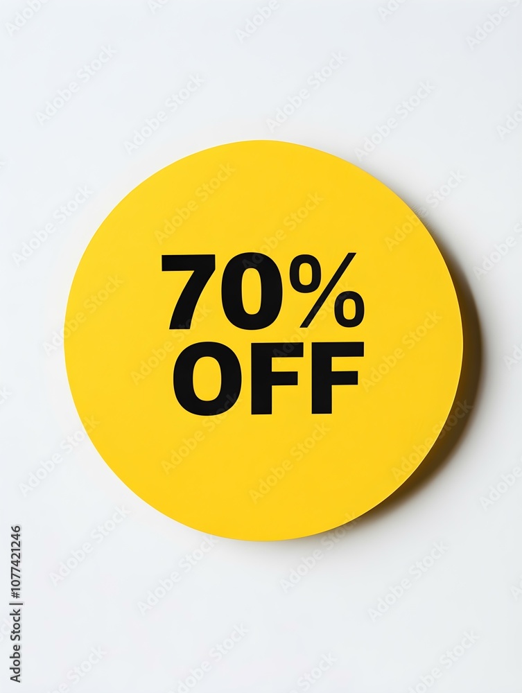 Black '70% OFF' Text on a Yellow Round Paper Note. White Background Black '70% OFF' Text on a Yellow Round Paper Note. White Background