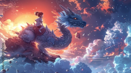 Playful vector scene of children riding on the back of a friendly space dragon, flying through asteroid fields and nebula clouds