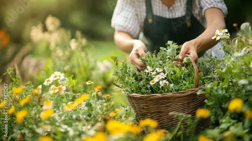 Woman gathering healing herbs in nature for traditional medicine and natural remedies photo