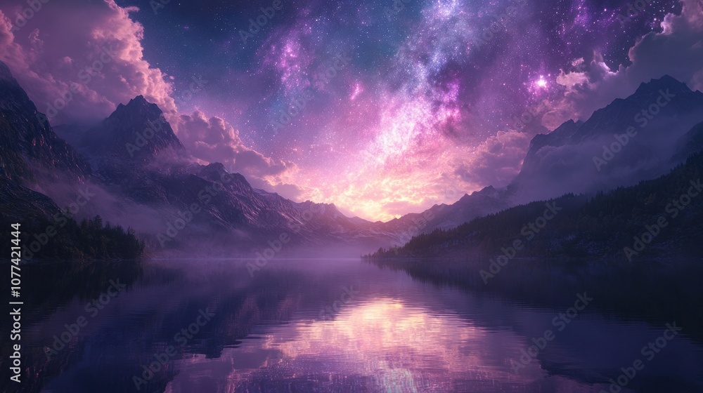 A surreal landscape with a vibrant purple sky and mountains reflected in a still lake at sunset. A surreal landscape with a vibrant purple sky and mountains reflected in a still lake at sunset.