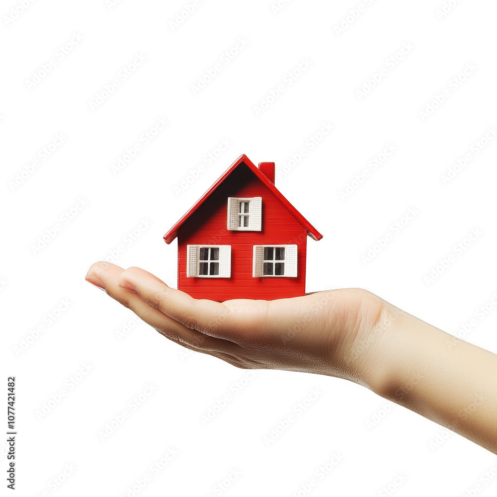 A Hand Holding a Miniature Red House - The Symbol of Home and Real Estate A Hand Holding a Miniature Red House - The Symbol of Home and Real Estate