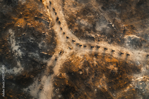 Aerial perspective of intense military maneuvers in a desolate battlefield photo