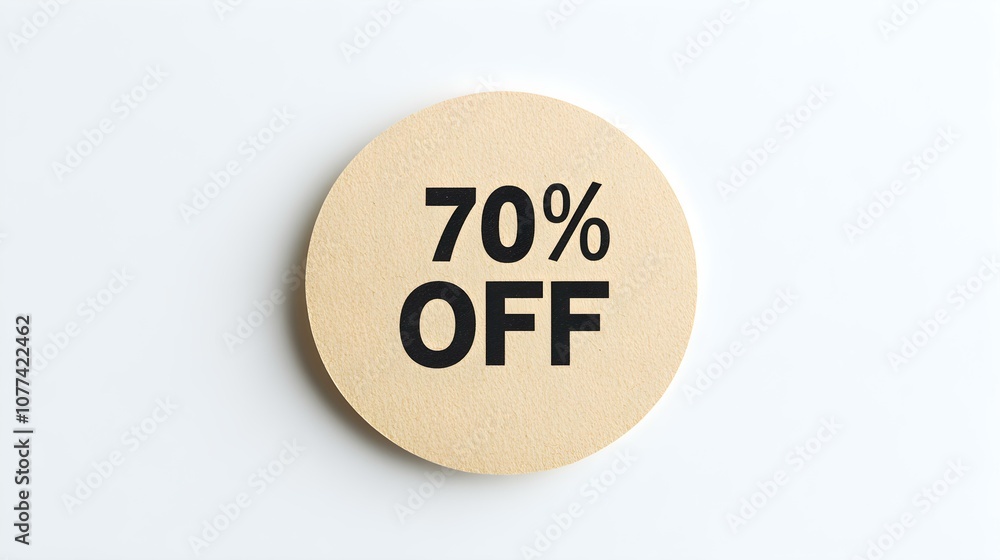 Black '70% OFF' Text on a Beige Round Paper Note. White Background with Copy Space Black '70% OFF' Text on a Beige Round Paper Note. White Background with Copy Space
