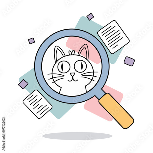 Cartoon Cat in Magnifying Glass with Pastel Geometric Shapes – Fun Web Illustration for Websites and Digital Content