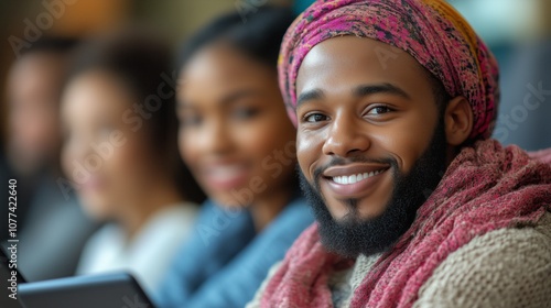 A smiling man refugee with a colorful turban is focused in a lecture among a group, radiating warmth and positivity.