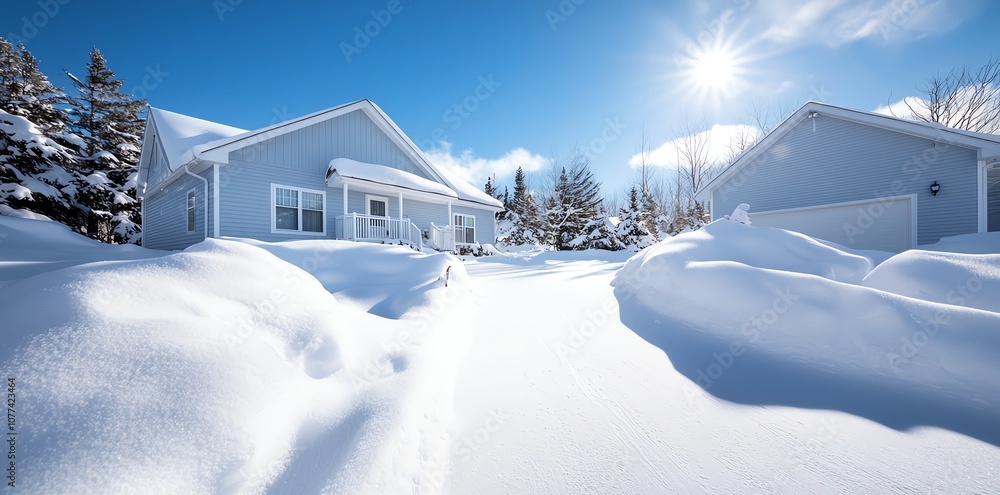 Fototapeta premium A serene winter landscape unveils a cozy house blanketed by snow under a bright sun