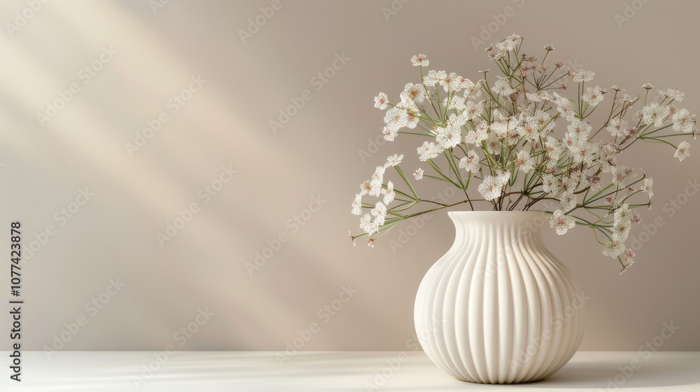 Fototapeta premium Digital rendering of a classic flower vase with soft-hued flowers, placed against a pale backdrop, perfect for home decor visuals