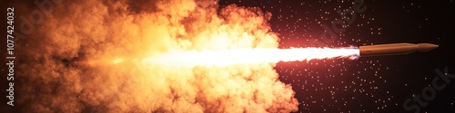 Rocket launch with intense fire and smoke on dark backdrop