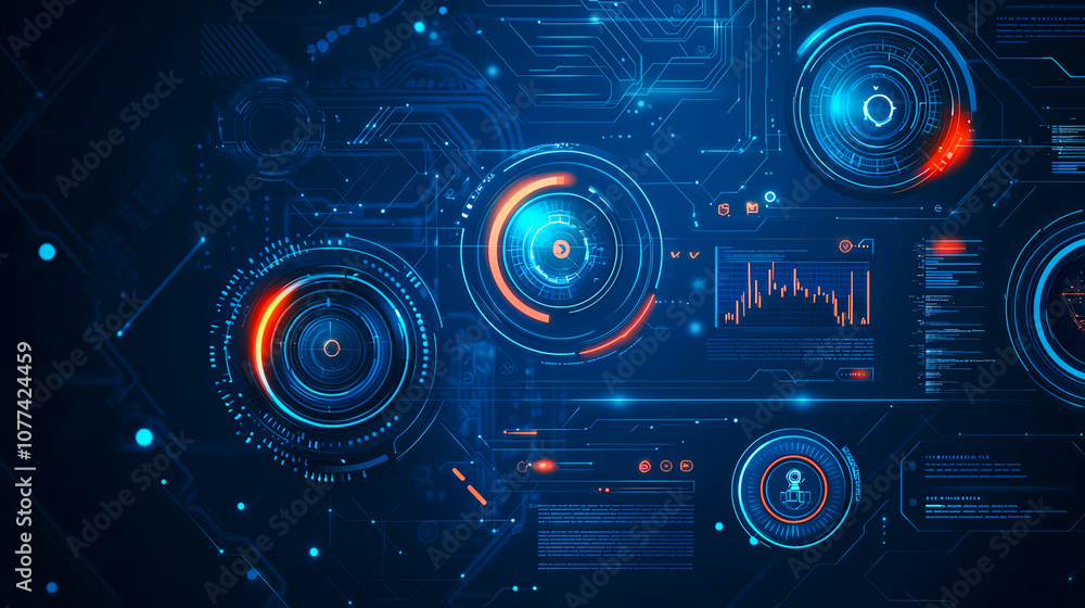 Futuristic digital interface with circular elements and data visualization in a blue and orange color scheme, representing advanced technology and innovation in digital design conc Futuristic digital interface with circular elements and data visualization in a blue and orange color scheme, representing advanced technology and innovation in digital design conc