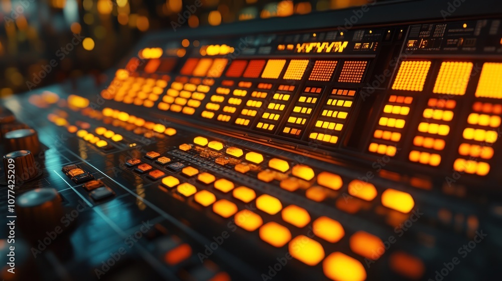 Close-up of a control panel with glowing buttons and knobs. Close-up of a control panel with glowing buttons and knobs.