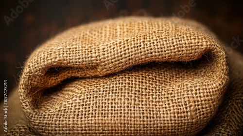 Close-up of a folded burlap sack with a rustic background.