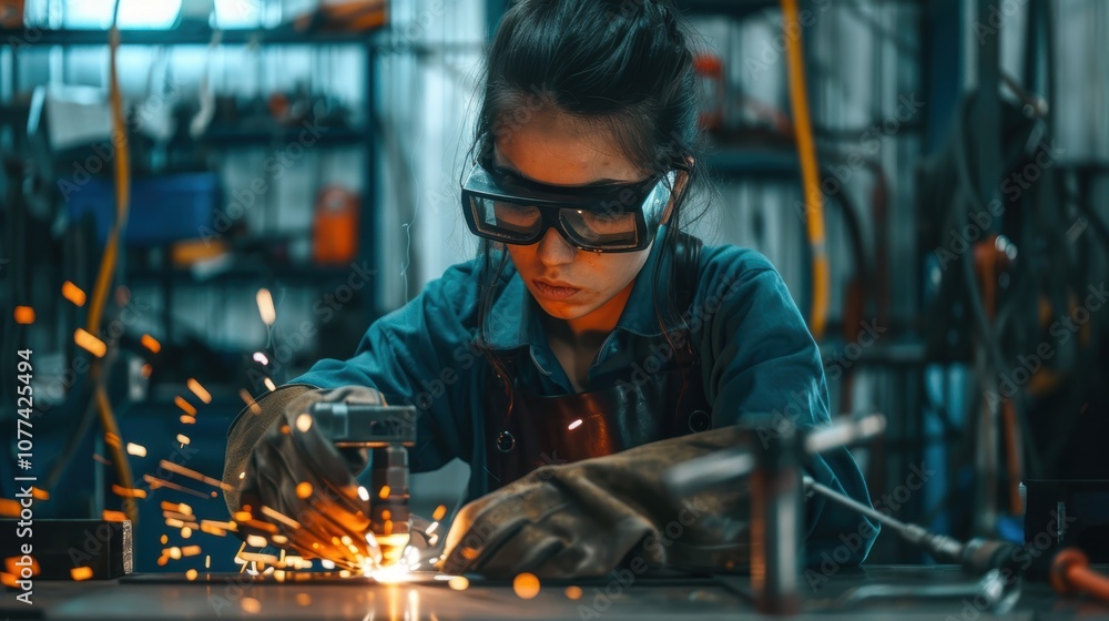 Skilled Female Welder in Workshop Action Displaying Dedication and Expertise Skilled Female Welder in Workshop Action Displaying Dedication and Expertise