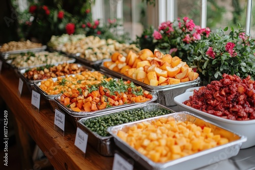 A buffet table filled with a variety of colorful and healthy food.