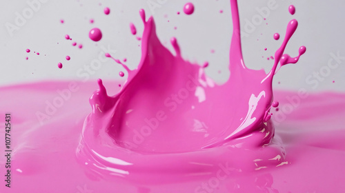 A vibrant splash of pink paint captured mid-motion, with droplets suspended in the air, creating a dynamic and energetic visual against a clean background