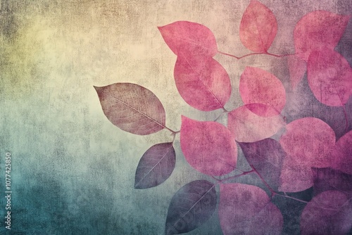 Textured wallpaper with pastel leaf silhouettes.