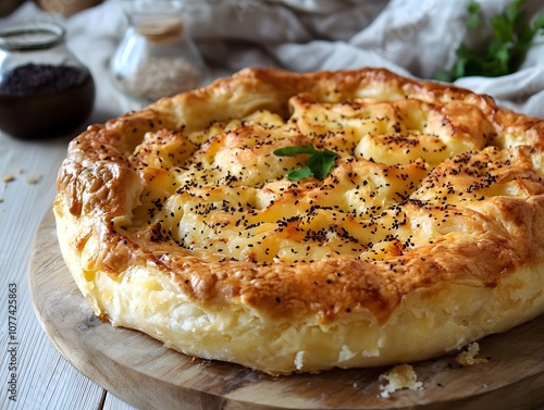 Savory cheese pie with caraway seeds.