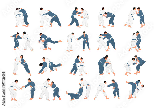 Judo sports, martial art, silhouettes of judokas, flat, set, many