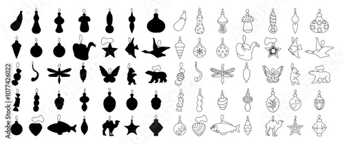 Christmas toys, hanging Christmas balls and toys, sketch, silhouette, set