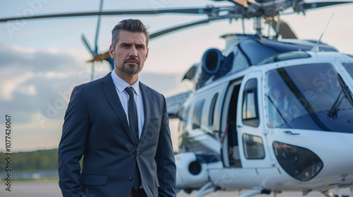 A man in a suit stands next to a helicopter