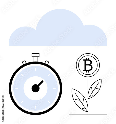 Stopwatch, cloud, and Bitcoin symbol plant illustrate time management, digital currency growth, and cloud computing in finance. Ideal for fintech, blockchain, time investment, digital currency