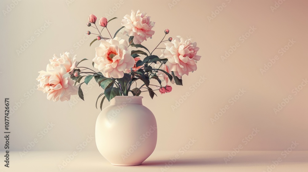 Digital rendering of a classic flower vase with soft-hued flowers, placed against a pale backdrop, perfect for home decor visuals Digital rendering of a classic flower vase with soft-hued flowers, placed against a pale backdrop, perfect for home decor visuals