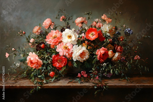 Fototapeta Naklejka Na Ścianę i Meble -  Still life. Bouquet of flowers in a vase. Oil painting by old masters. Pink and white roses. Wall painting. Poster print, printing. Vertical format