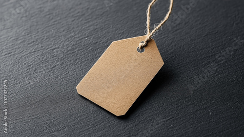 A blank brown rectangular paper tag with a string on a dark textured surface