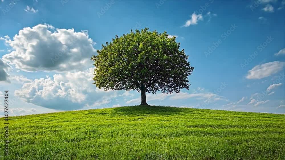 tree growing on hill with green grass and blue sky tree growing on hill with green grass and blue sky
